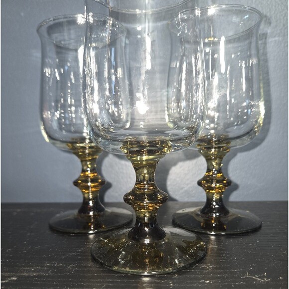 Vintage Libbey Tulip Glasses Goblets Clear Brown Stem Retro Set Of 3 - Picture 2 of 8